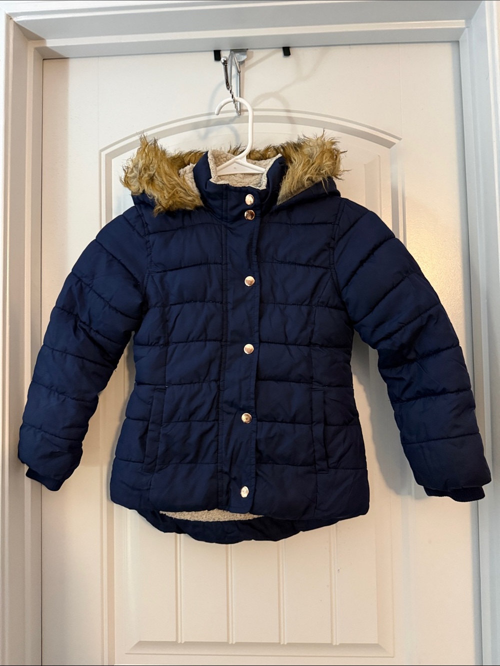Old Navy Girls Navy Hooded Puffer with Faux Fur Trim